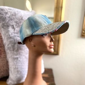 Bling new baseball cap Two toned denim hat with leather strap in back.